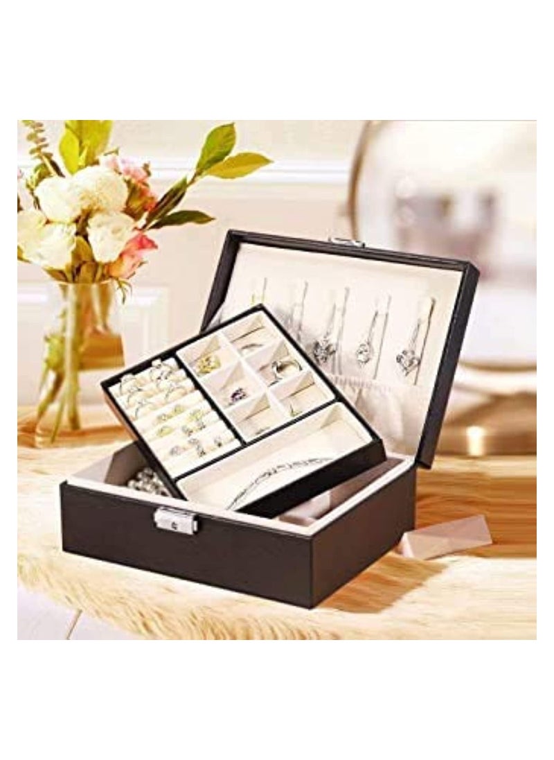 NNEWVANTE - Jewelry Box Organizer for Women Girls, 2 Layer Large Display Storage Case PU Leather Travel Jewel Holder Cabinet with Removable Tray & Partition for Necklace, Earrings, Bracelets, Rings - Black - Image 1