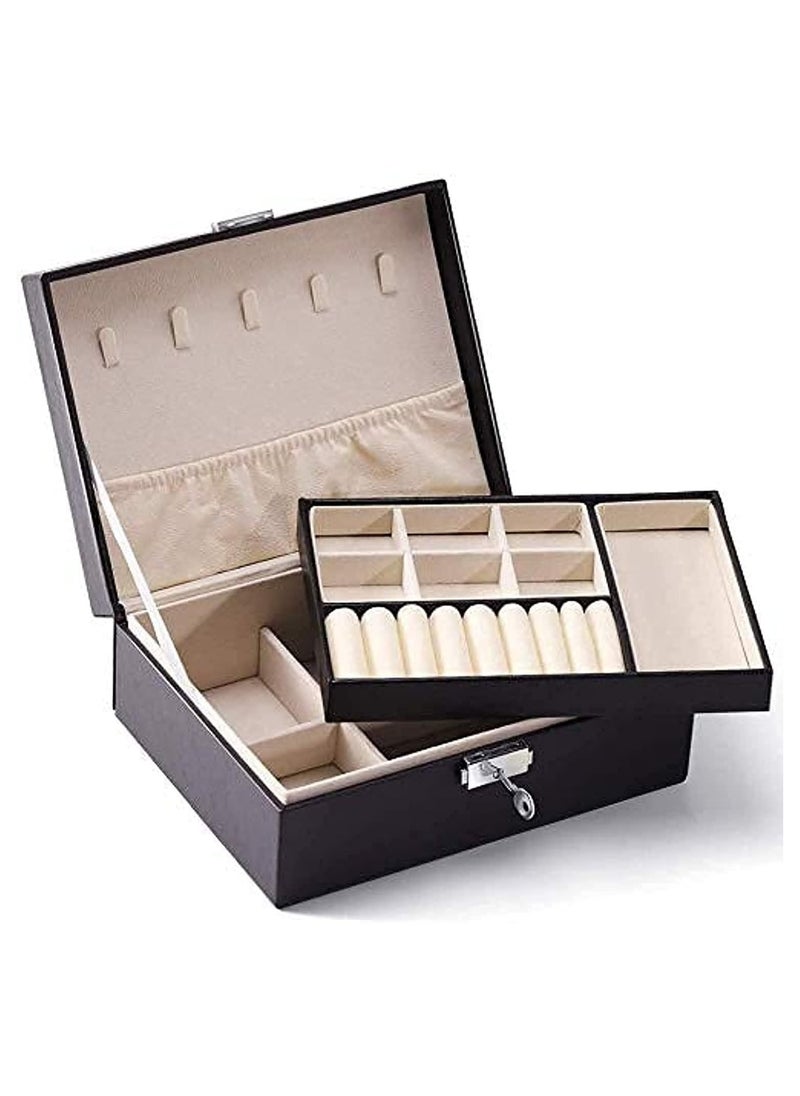 NNEWVANTE - Jewelry Box Organizer for Women Girls, 2 Layer Large Display Storage Case PU Leather Travel Jewel Holder Cabinet with Removable Tray & Partition for Necklace, Earrings, Bracelets, Rings - Black - Image 1