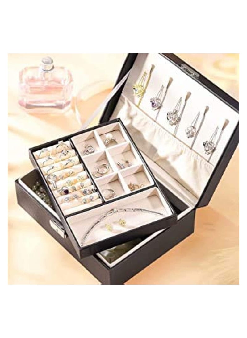 NNEWVANTE - Jewelry Box Organizer for Women Girls, 2 Layer Large Display Storage Case PU Leather Travel Jewel Holder Cabinet with Removable Tray & Partition for Necklace, Earrings, Bracelets, Rings - Black - Image 1