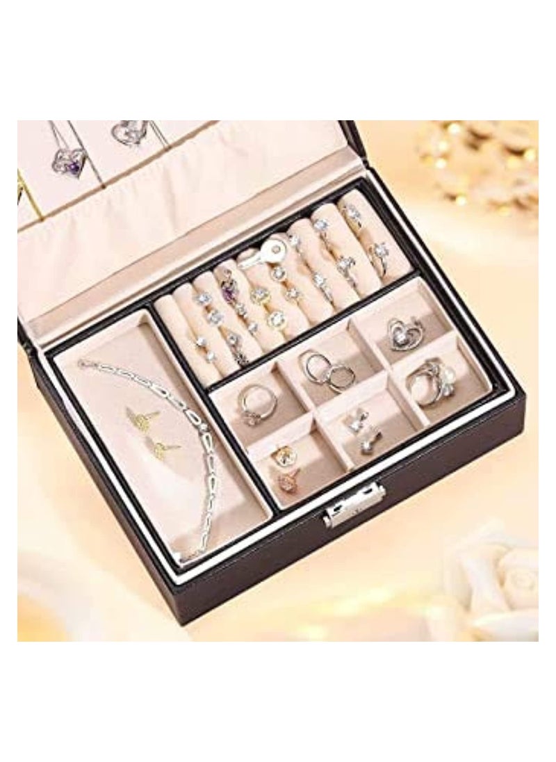 NNEWVANTE - Jewelry Box Organizer for Women Girls, 2 Layer Large Display Storage Case PU Leather Travel Jewel Holder Cabinet with Removable Tray & Partition for Necklace, Earrings, Bracelets, Rings - Black - Image 1