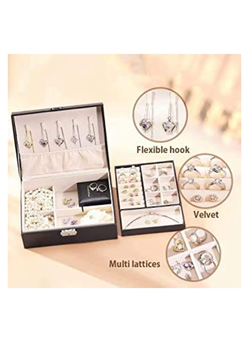 NNEWVANTE - Jewelry Box Organizer for Women Girls, 2 Layer Large Display Storage Case PU Leather Travel Jewel Holder Cabinet with Removable Tray & Partition for Necklace, Earrings, Bracelets, Rings - Black - Image 1