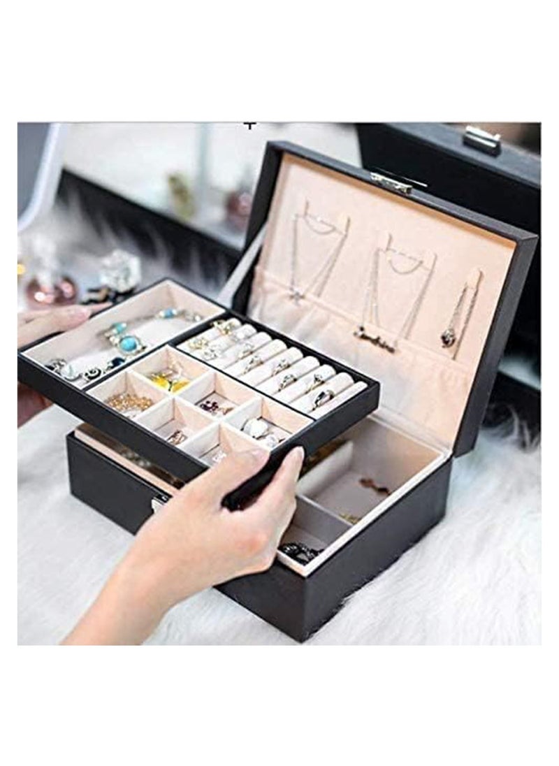 NNEWVANTE - Jewelry Box Organizer for Women Girls, 2 Layer Large Display Storage Case PU Leather Travel Jewel Holder Cabinet with Removable Tray & Partition for Necklace, Earrings, Bracelets, Rings - Black - Image 1