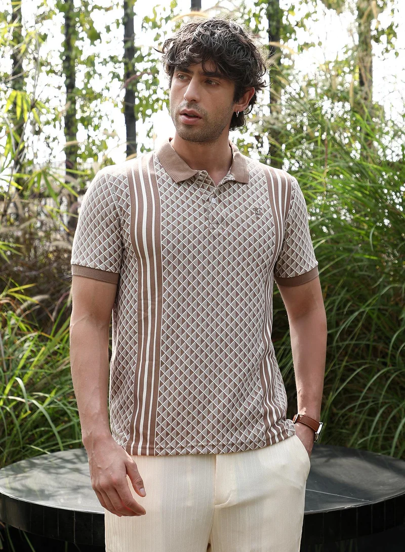 CAHOOT  Men's Ash Brown Gradient-Geometric Jacquard Polo T-Shirt for Men | Best Price UAE