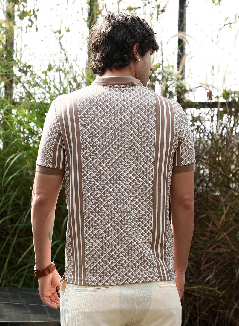 CAHOOT  Men's Ash Brown Gradient-Geometric Jacquard Polo T-Shirt for Men | Best Price UAE