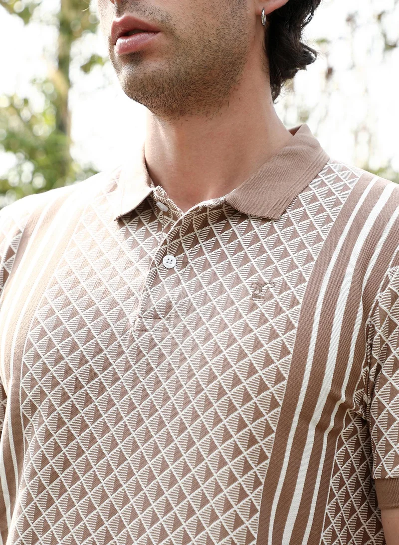 CAHOOT  Men's Ash Brown Gradient-Geometric Jacquard Polo T-Shirt for Men | Best Price UAE