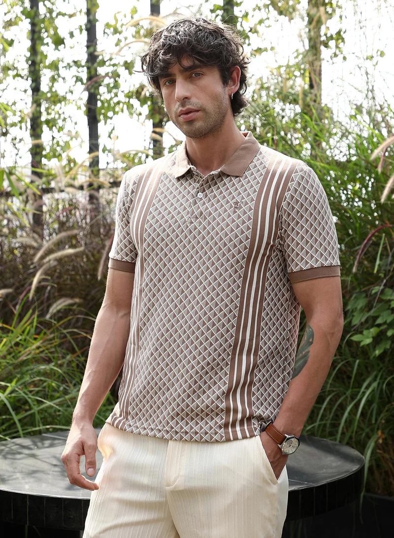 CAHOOT  Men's Ash Brown Gradient-Geometric Jacquard Polo T-Shirt for Men | Best Price UAE