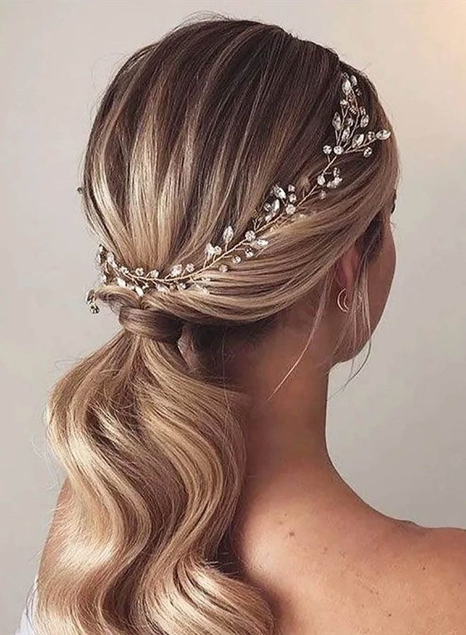 EARENT تاج شعر العروس الكريستالي الطويل لزفاف العروس إكسسوارات شعر مزينة بالأحجار الكريمة للنساء والفتيات (فضي) - Image 3