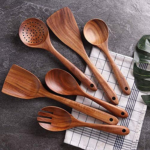 Craftykart Wooden Kitchen Utensil Set 6 Cooking and Serving Utensils Spatula Spoons for Cooking Nonstick Cookware Handmade by Natural Sheesham Wood (Rose Wood) - Image 1