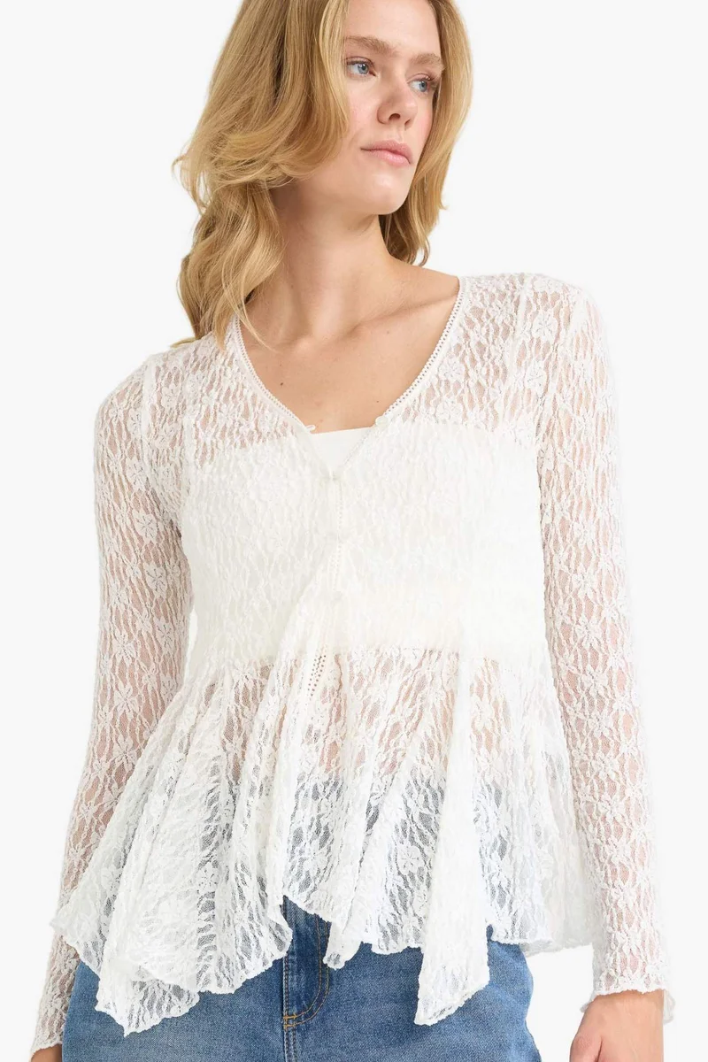 ديفاكتو Slim Fit V-Neck Long Sleeve Blouse