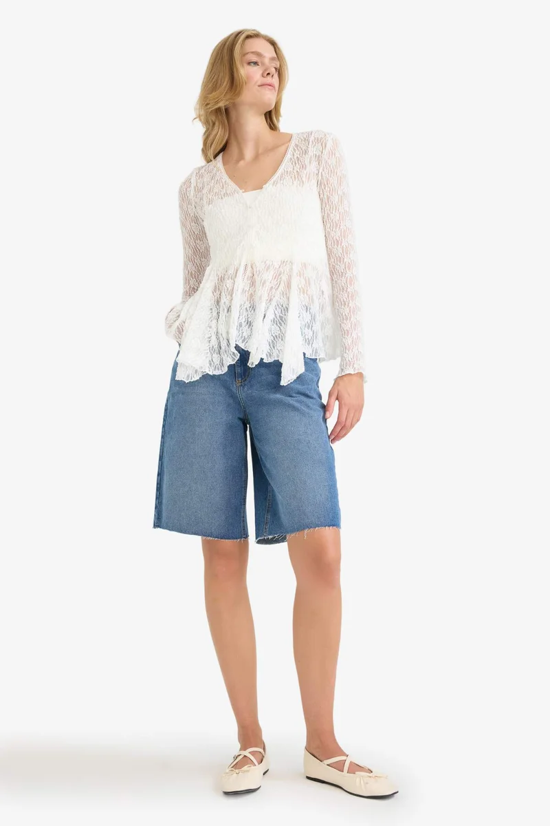 ديفاكتو Slim Fit V-Neck Long Sleeve Blouse