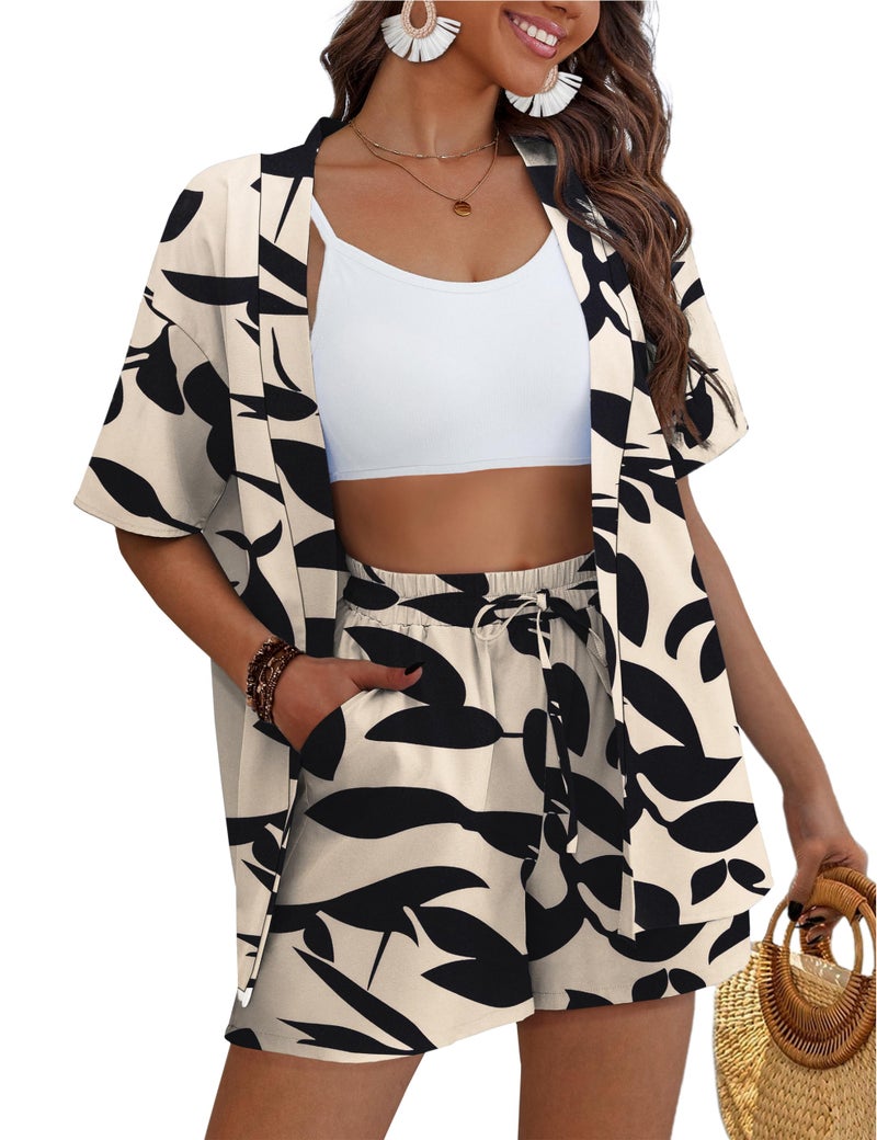 REDHOTYPE Women's 2 Piece Outfits Kimono Style Tropical Print Cover Ups Half Sleeve Blouse Shorts Set Summer Beachwear,Apricot 01,M - Image 1