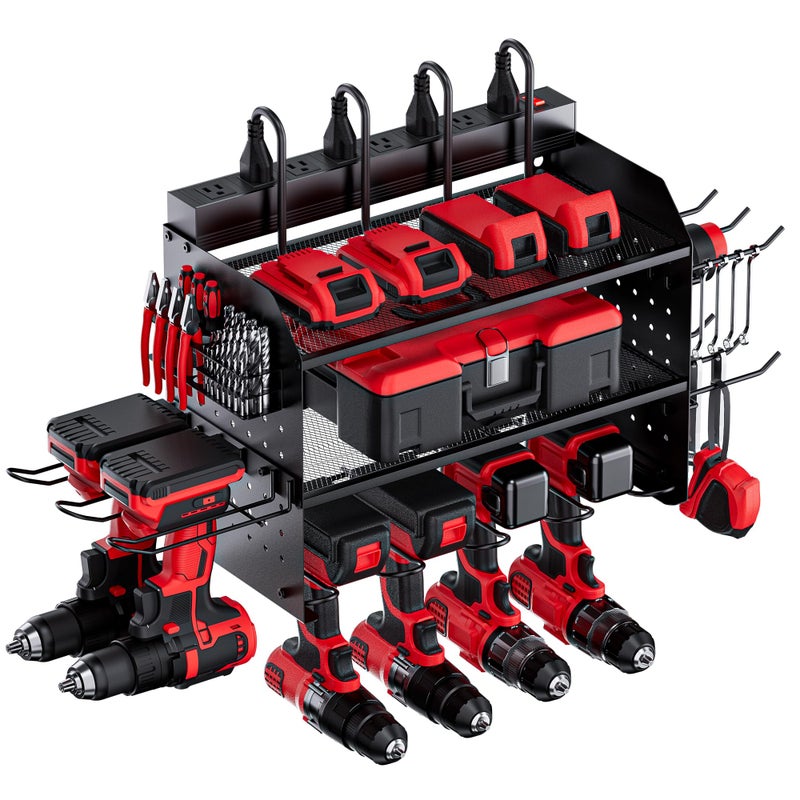 TRZZ Power Tool Organizer Wall Mount, 3-Layer Charging Station with 8 Outlets, 6 Drill Holders and Drill Bit Rack, Efficient and Organized Storage for Garage, Workbench, and Workshop (Black) - Image 1
