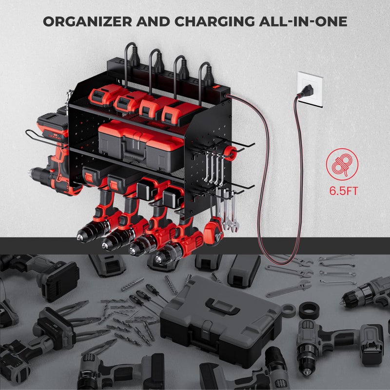 TRZZ Power Tool Organizer Wall Mount, 3-Layer Charging Station with 8 Outlets, 6 Drill Holders and Drill Bit Rack, Efficient and Organized Storage for Garage, Workbench, and Workshop (Black) - Image 4
