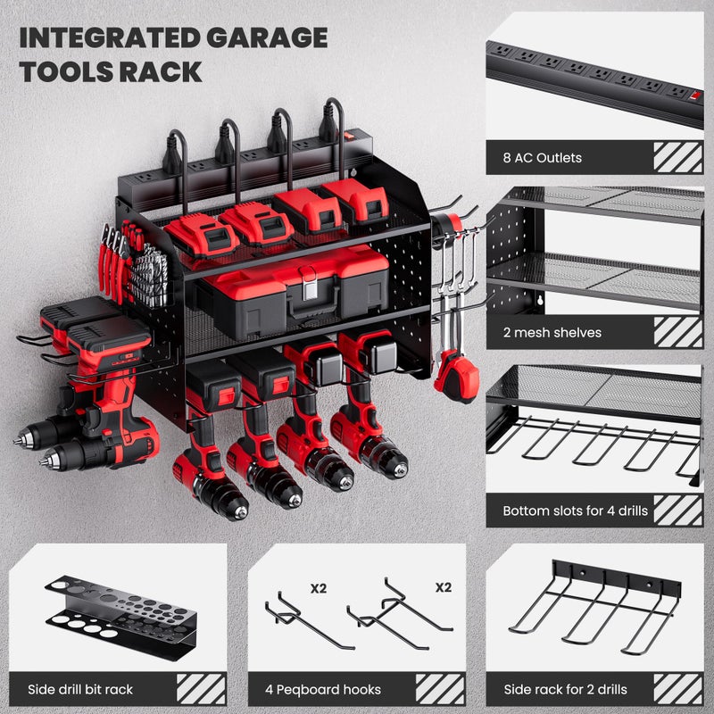 TRZZ Power Tool Organizer Wall Mount, 3-Layer Charging Station with 8 Outlets, 6 Drill Holders and Drill Bit Rack, Efficient and Organized Storage for Garage, Workbench, and Workshop (Black) - Image 3