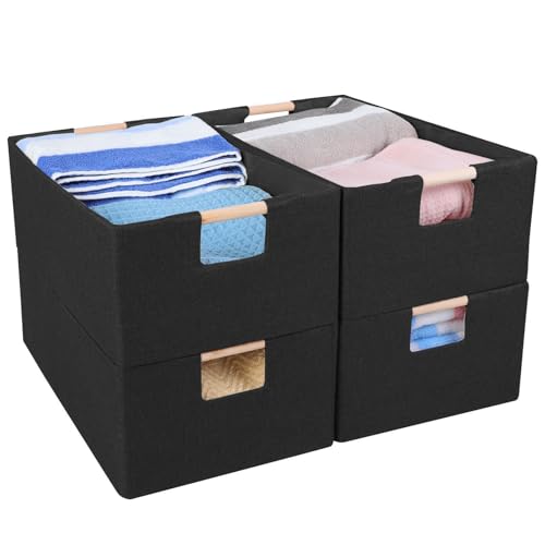 ANMINY 4PCS Closet Storage Baskets for Shelves 134 x 9 Inch Collapsible Fabric Storage Bins with Wood Handles Cloth Shelves Organizer Bins Decorative Fabric Baskets Small Black - Image 1