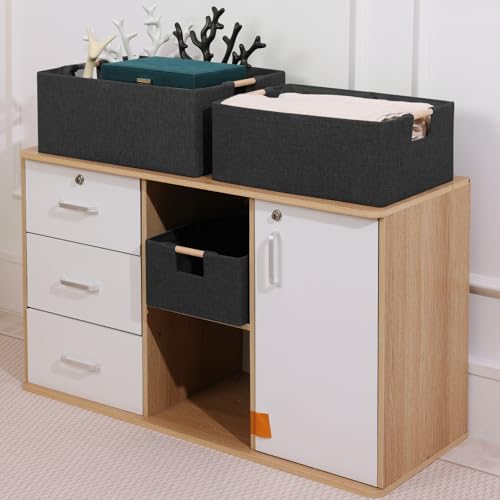 ANMINY 4PCS Closet Storage Baskets for Shelves 134 x 9 Inch Collapsible Fabric Storage Bins with Wood Handles Cloth Shelves Organizer Bins Decorative Fabric Baskets Small Black - Image 3