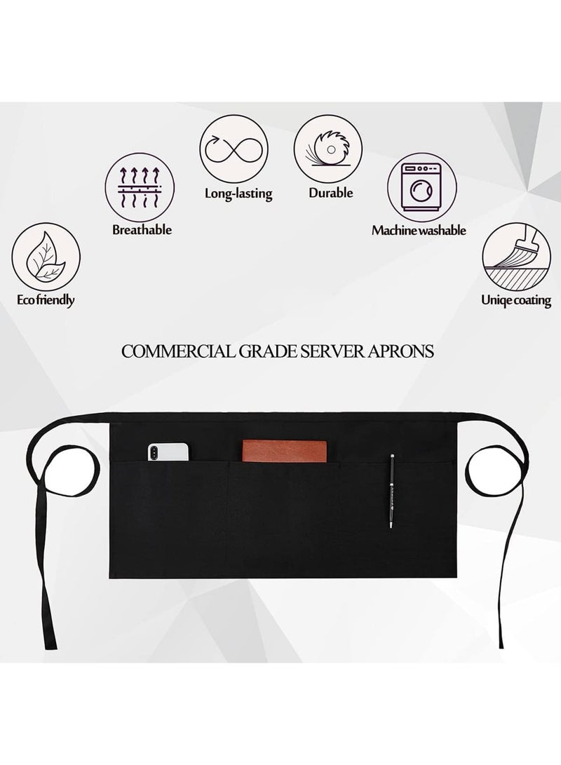 SYOSI Server Aprons, 4-Pack Half Aprons with 3 Pockets, Water-Resistant Adjustable Waist Strap, Durable Kitchen Cooking Barista Waitress Aprons for Women Men, Black - Image 2