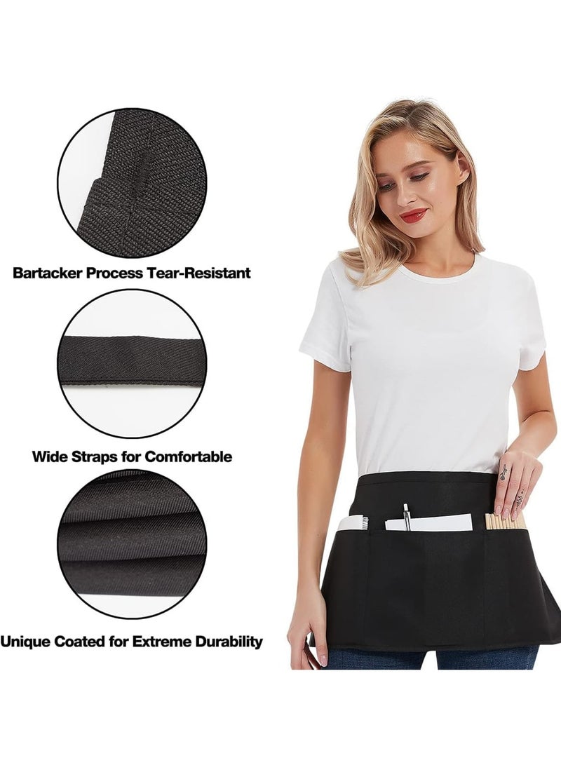 SYOSI Server Aprons, 4-Pack Half Aprons with 3 Pockets, Water-Resistant Adjustable Waist Strap, Durable Kitchen Cooking Barista Waitress Aprons for Women Men, Black - Image 4