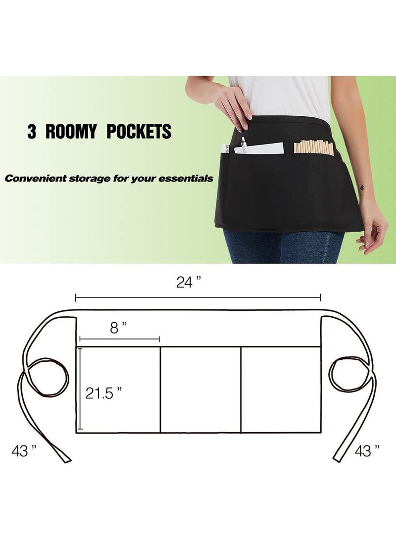 SYOSI Server Aprons, 4-Pack Half Aprons with 3 Pockets, Water-Resistant Adjustable Waist Strap, Durable Kitchen Cooking Barista Waitress Aprons for Women Men, Black - Image 3