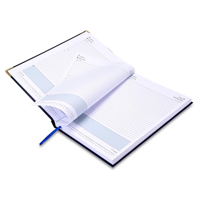 FIS مفكرة FIS 2026 بحجم A4، 210x297 مم، جانب واحد مبطن بالفينيل، زوايا ذهبية، صفحة واحدة في اليوم، إنجليزي/عربي، ورق أبيض 60 جرام، غلاف أزرق - FSDI42AE26BL - Image 4