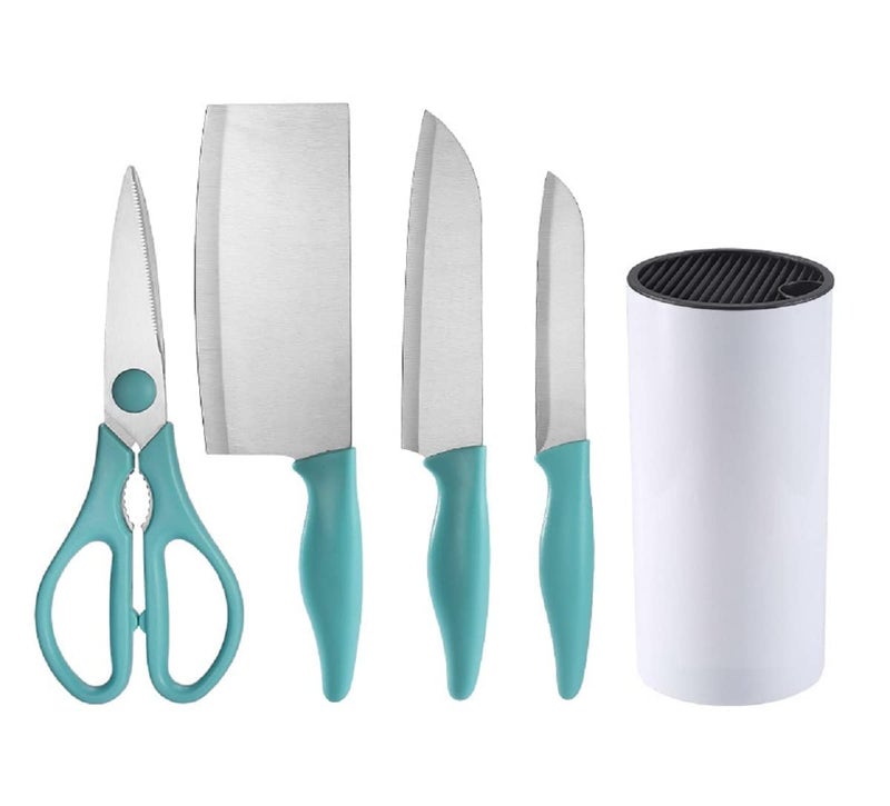 HENIJ 5 Piece Stainless Steel Kitchen Knife Set with Plastic Block for Home Cooking Culinary School Commercial Kitchen Blue - Image 1