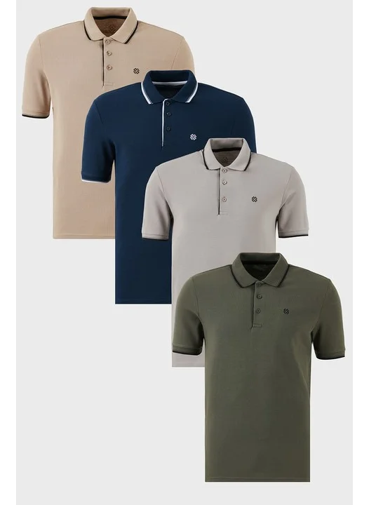 بوراتي Cotton Slim Fit Stripe Detailed Buttoned Polo Collar 4-Piece T Shirt Men's T Shirt 5902118S4