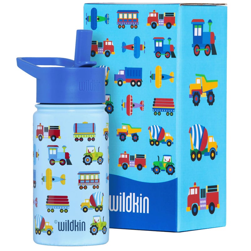 Wildkin Kids 14oz Stainless Steel Water Bottle â€“ BPA-Free, Leakproof, Insulated, Easy-Clean - Trains, Planes & Trucks - Image 1