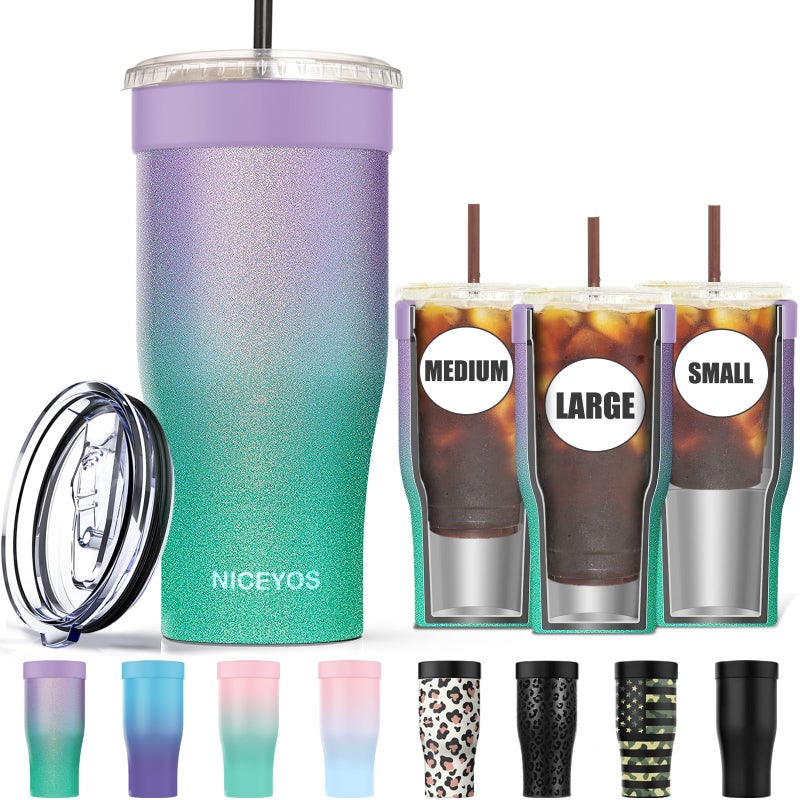 Niceyos Universal Iced Coffee Sleeve  Niceyos Upgraded Double Wall Reusable Stainless Steel Holder Sleeves Insulator for Cold Drinks Fits Starbucks Dunkin Donuts McDonalds Small Medium Large Cups Glitter 