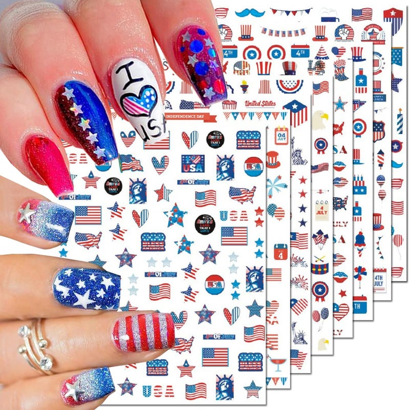 BSBTBZ 8PCS Independence Day Nail Art Sticker 4th of July Nail Decals 3D SelfAdhesive USA Flags Heart Star Stripe Nail Designs Memorial Day Nail Supplies American