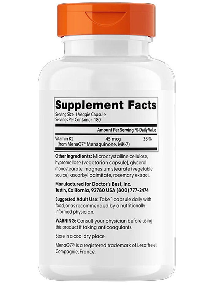 Doctor's Best Natural Vitamin K2 MK-7 with MenaQ7 45 mcg 180 Veggie Caps - Image 2