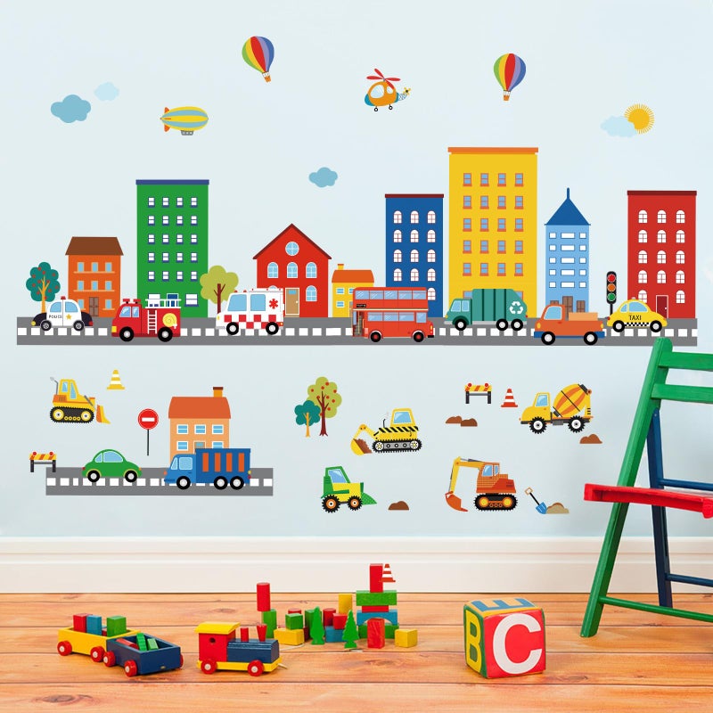 decalmile Transportation Road Wall Decals City Construction Cars Vehicles Trucks Wall Stickers Nursery Kids Bedroom Playroom Wall Decor - Image 1