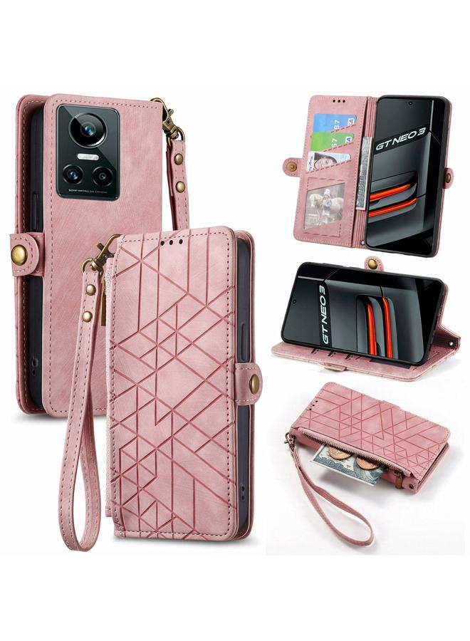 اس-توب جراب هاتف Realme GT 3 5G مع محفظة بسحاب هندسي وإبزيم جانبي من الجلد - Image 1