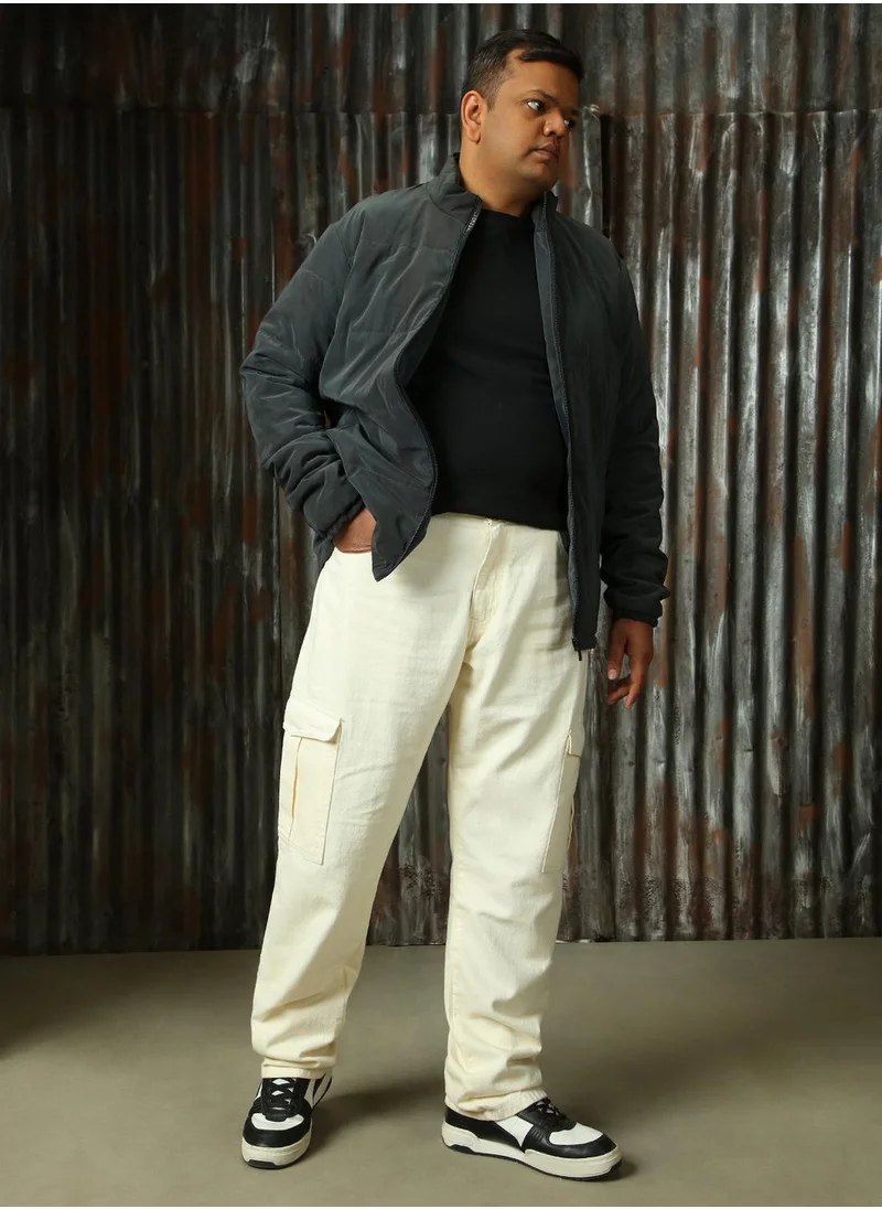 HIGH STAR Men's Ecru 100% Cotton Distressed Full Length Plus Size Straight Fit Jeans