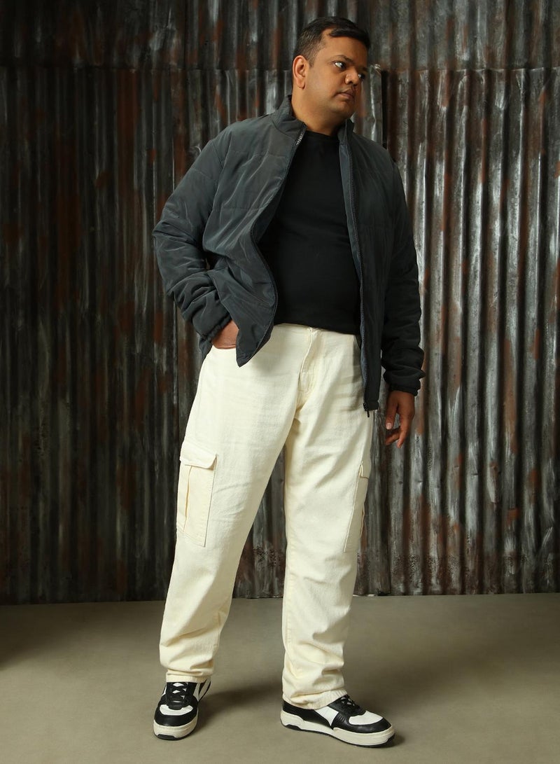 HIGH STAR Men's Ecru 100% Cotton Distressed Full Length Plus Size Straight Fit Jeans  - Image 1