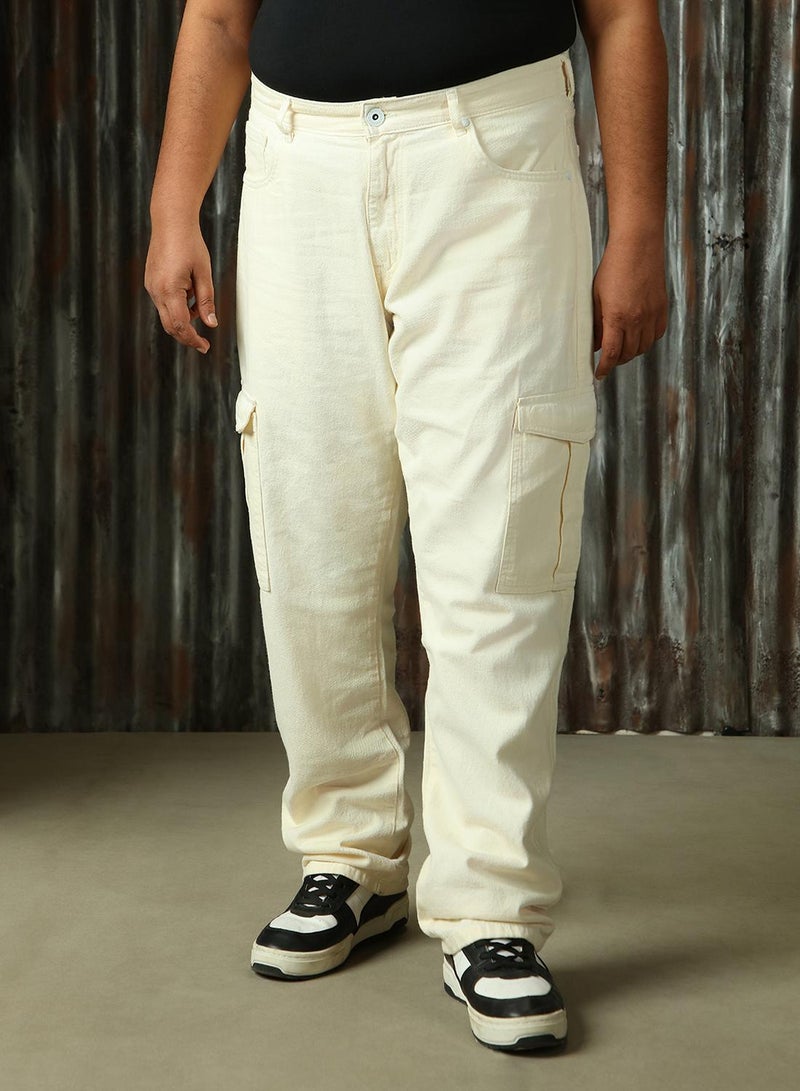 HIGH STAR Men's Ecru 100% Cotton Distressed Full Length Plus Size Straight Fit Jeans  - Image 5