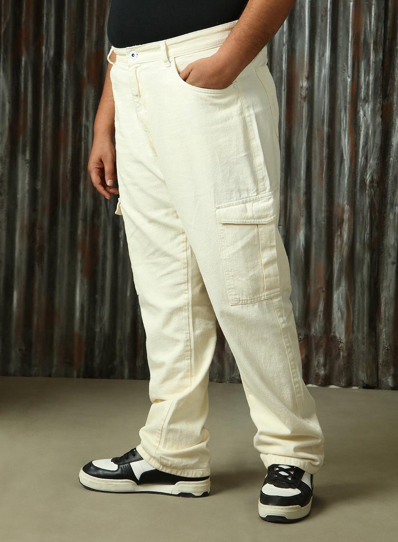HIGH STAR Men's Ecru 100% Cotton Distressed Full Length Plus Size Straight Fit Jeans  - Image 2