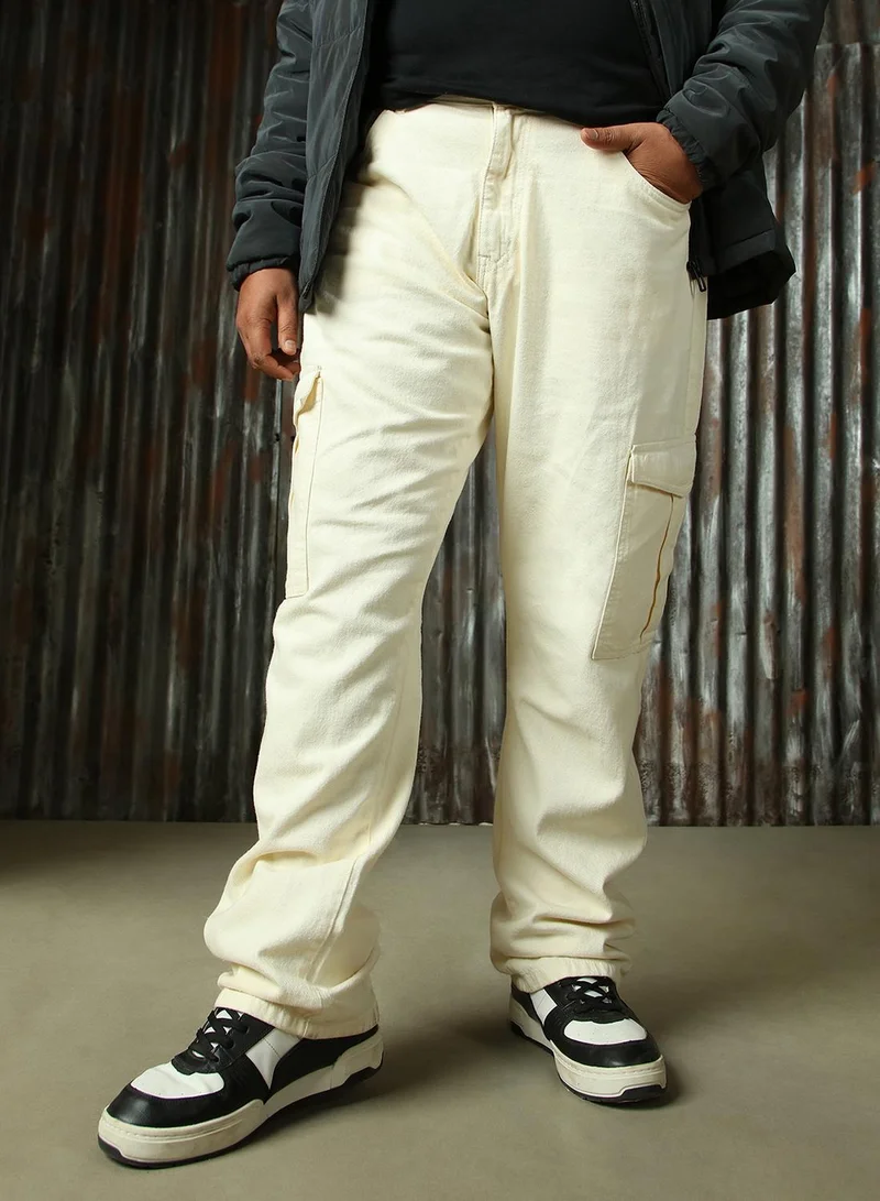 HIGH STAR Men's Ecru 100% Cotton Distressed Full Length Plus Size Straight Fit Jeans