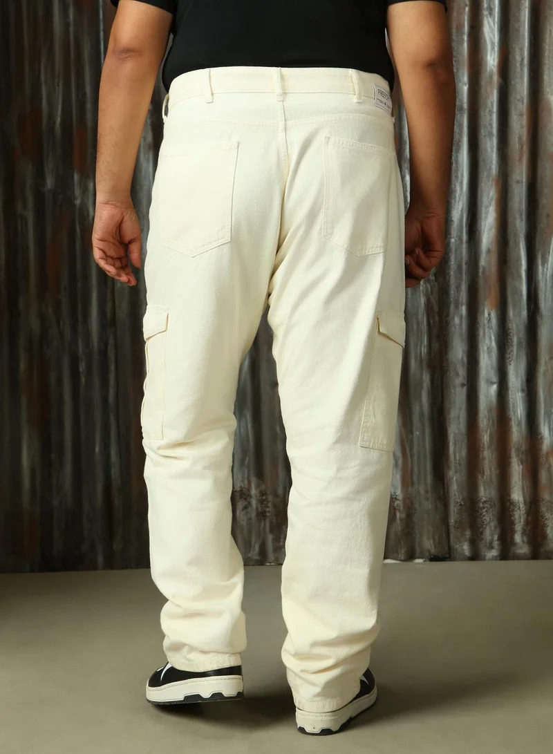 HIGH STAR Men's Ecru 100% Cotton Distressed Full Length Plus Size Straight Fit Jeans