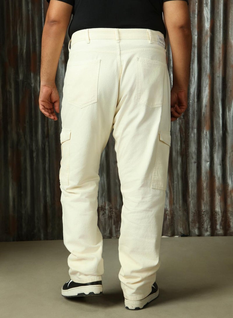 HIGH STAR Men's Ecru 100% Cotton Distressed Full Length Plus Size Straight Fit Jeans  - Image 3