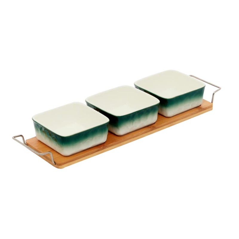 EZ Life Green-White 3 Ceramic Serving Bowl on Wooden Tray, Serving Tray & Platter for Kitchenware - Image 1