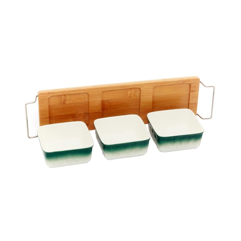 EZ Life Green-White 3 Ceramic Serving Bowl on Wooden Tray, Serving Tray & Platter for Kitchenware - Image 5