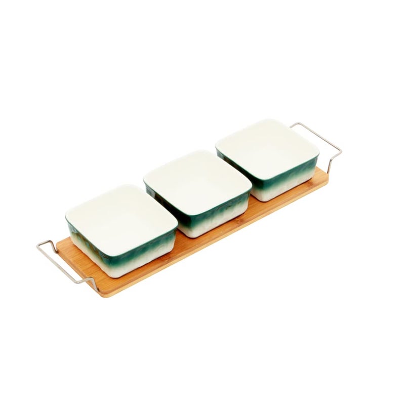 EZ Life Green-White 3 Ceramic Serving Bowl on Wooden Tray, Serving Tray & Platter for Kitchenware - Image 3