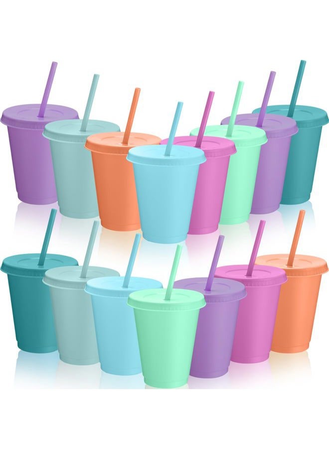 Sieral 15 Pack Cups with Straws and Lids Kids Tumbler with Straw Reusable Water Bottle Iced Coffee Travel Mug Adults Plastic Cups for Parties 16 oz (Macarons Colors) - Image 1