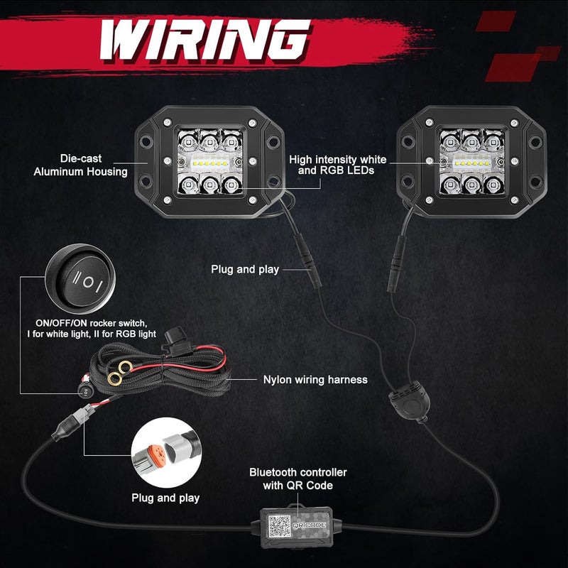 OFFROADTOWN RGBW Flush Mount LED Lights, 5inch 60W RGBW LED Driving Work Flush Fog Off Road Lights for Truck Pickup UTV ATV SUV Boat 4x4 Car - Image 5