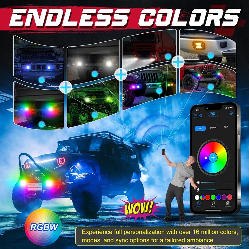 OFFROADTOWN RGBW Flush Mount LED Lights, 5inch 60W RGBW LED Driving Work Flush Fog Off Road Lights for Truck Pickup UTV ATV SUV Boat 4x4 Car - Image 2