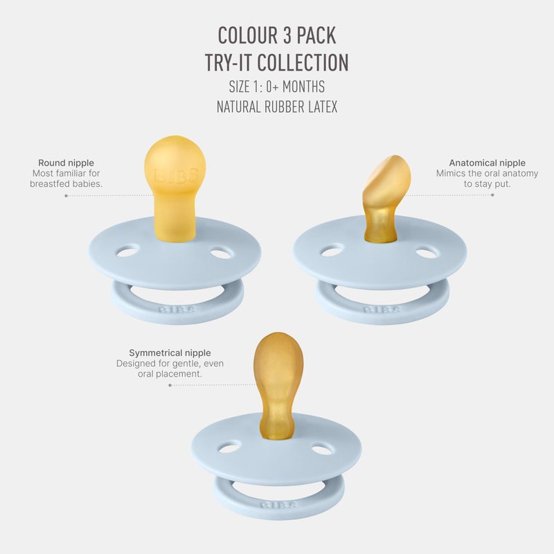 BIBS Pacifiers 0-6 Months | 3-Pack Soothers | BPA-Free Symmetrical Nipple | Made in Denmark | Ivory Try-It Collection (Baby Blue) - Image 2