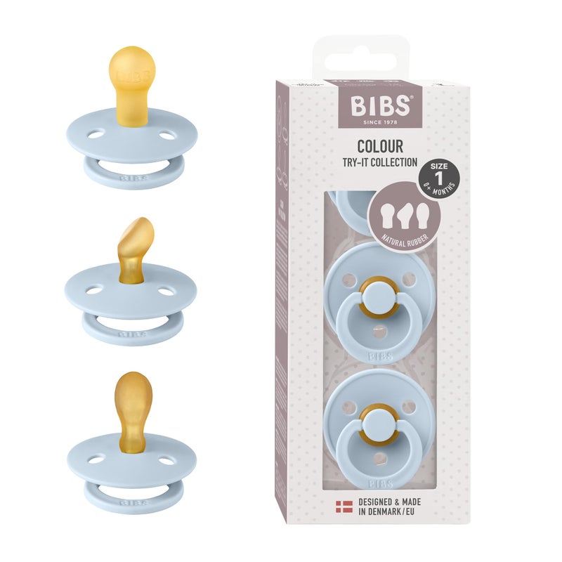 BIBS Pacifiers 0-6 Months | 3-Pack Soothers | BPA-Free Symmetrical Nipple | Made in Denmark | Ivory Try-It Collection (Baby Blue) - Image 1