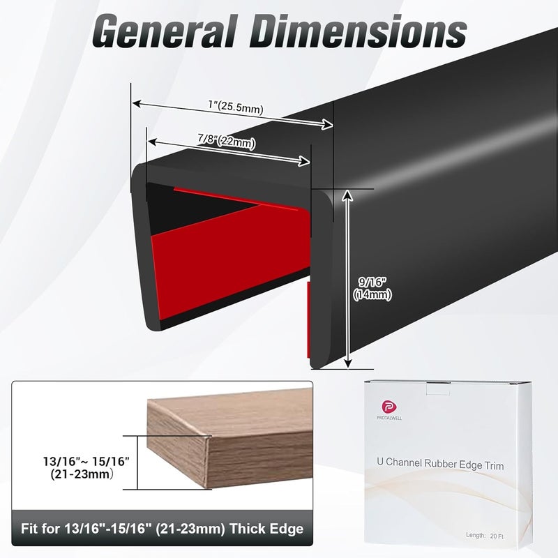 Protalwell Rubber Edge Trim, Self Adhesive U Channel Edge Trim, Big Size U Shaped Trim, Edge Banding for Plywood, Woods, Shelf, Cabinet, Countertop, Size7/8 (22mm), Length 20Ft, Black - Image 2