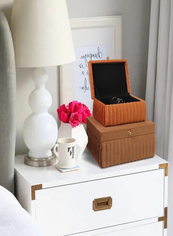 HofferRuffer Velvet Decorative Boxes, Jewelry Boxes Storage Accessory Organizer Boxes with Elegant Handle Decor, Classic Velvet Set of 2 Pieces (Brown) - Image 4