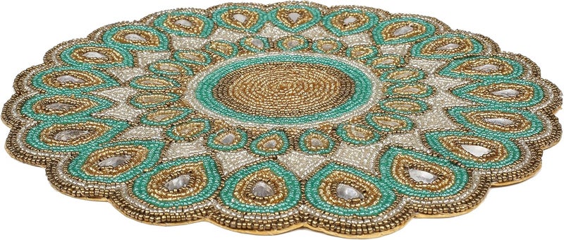 Bedding Craft BEDDING CRAFT Beaded Charger 13 Round Peacock Look  Premium Green and Gold Placemats for Dining Table  Elegant Beaded Charger Placemats  Perfect for Holidays Christmas and Special Occasions  - Image 1